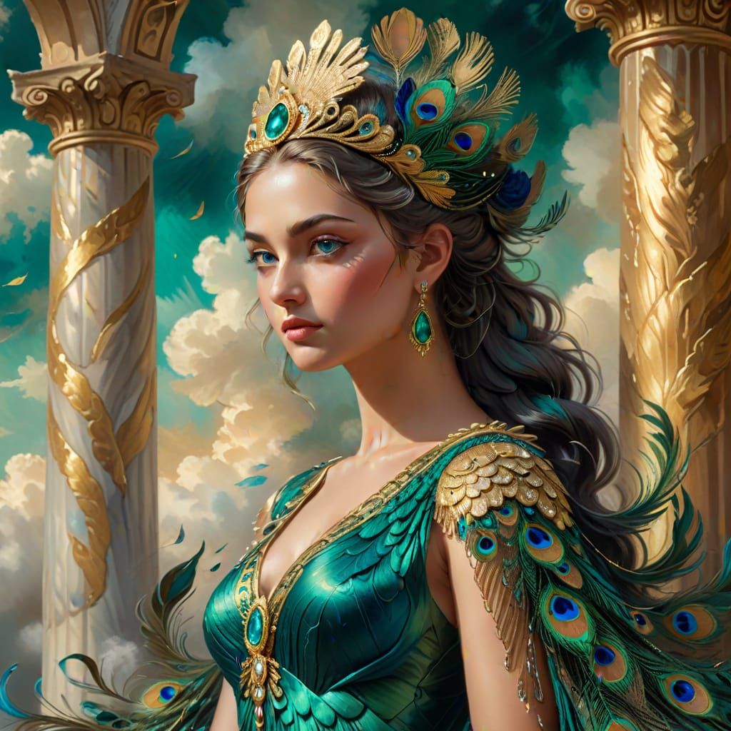 Hera with Peacock in Fantasy Oil Painting