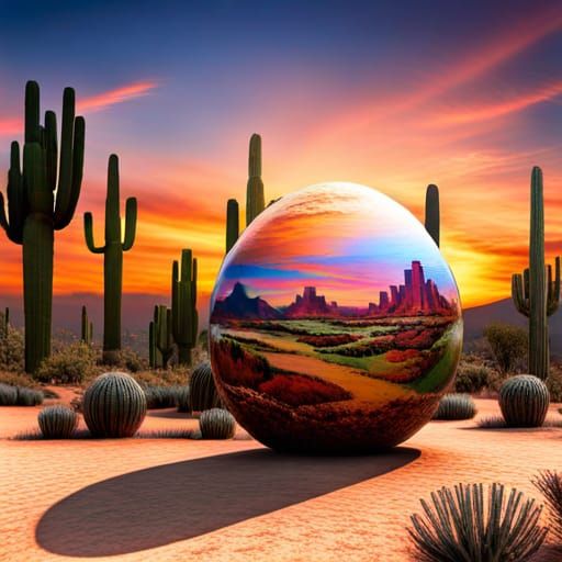 Giant Decorated Eggs in Desert Landscape