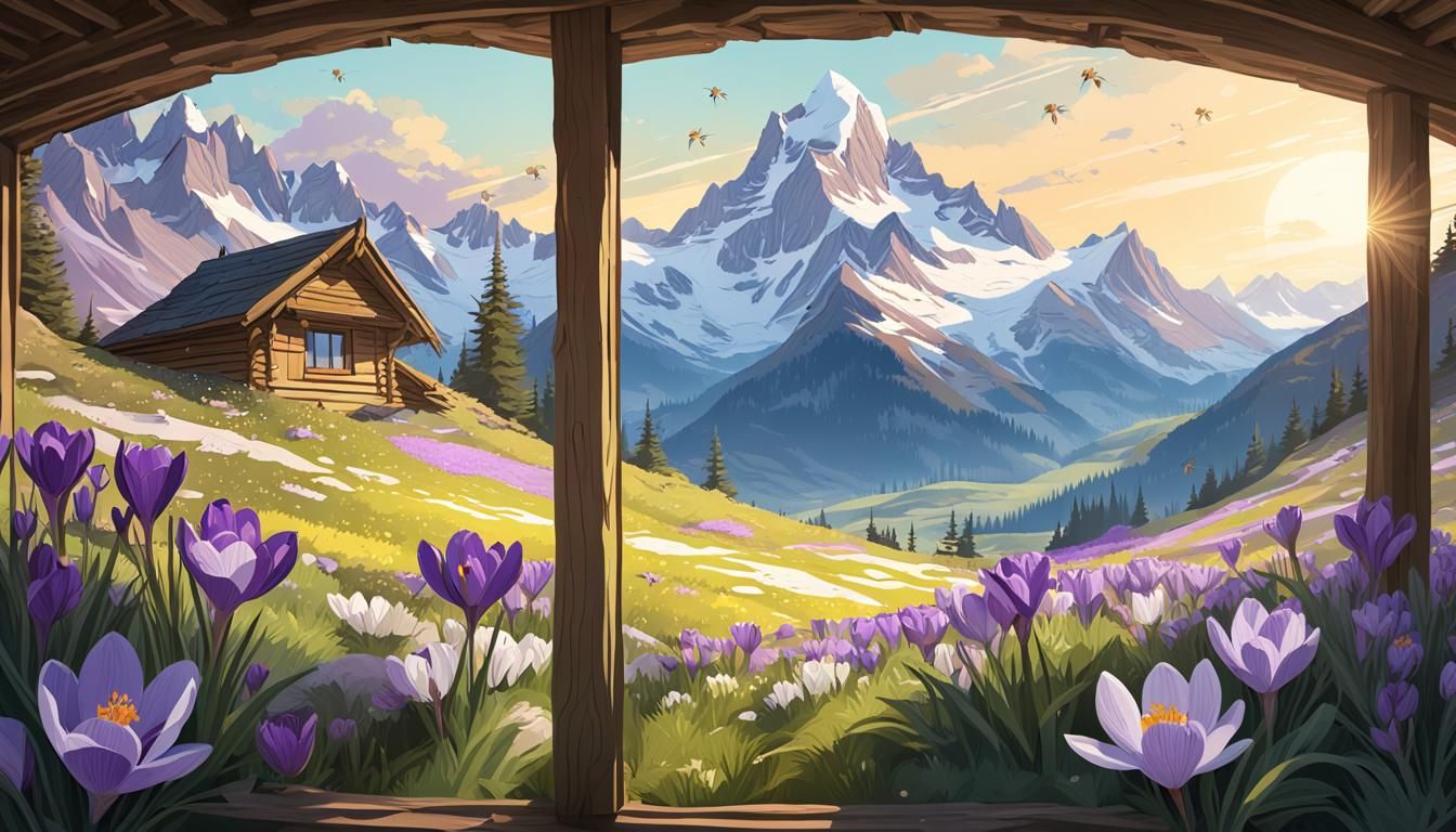 Mountain Meadow Spring Scene in Graffiti Art Style