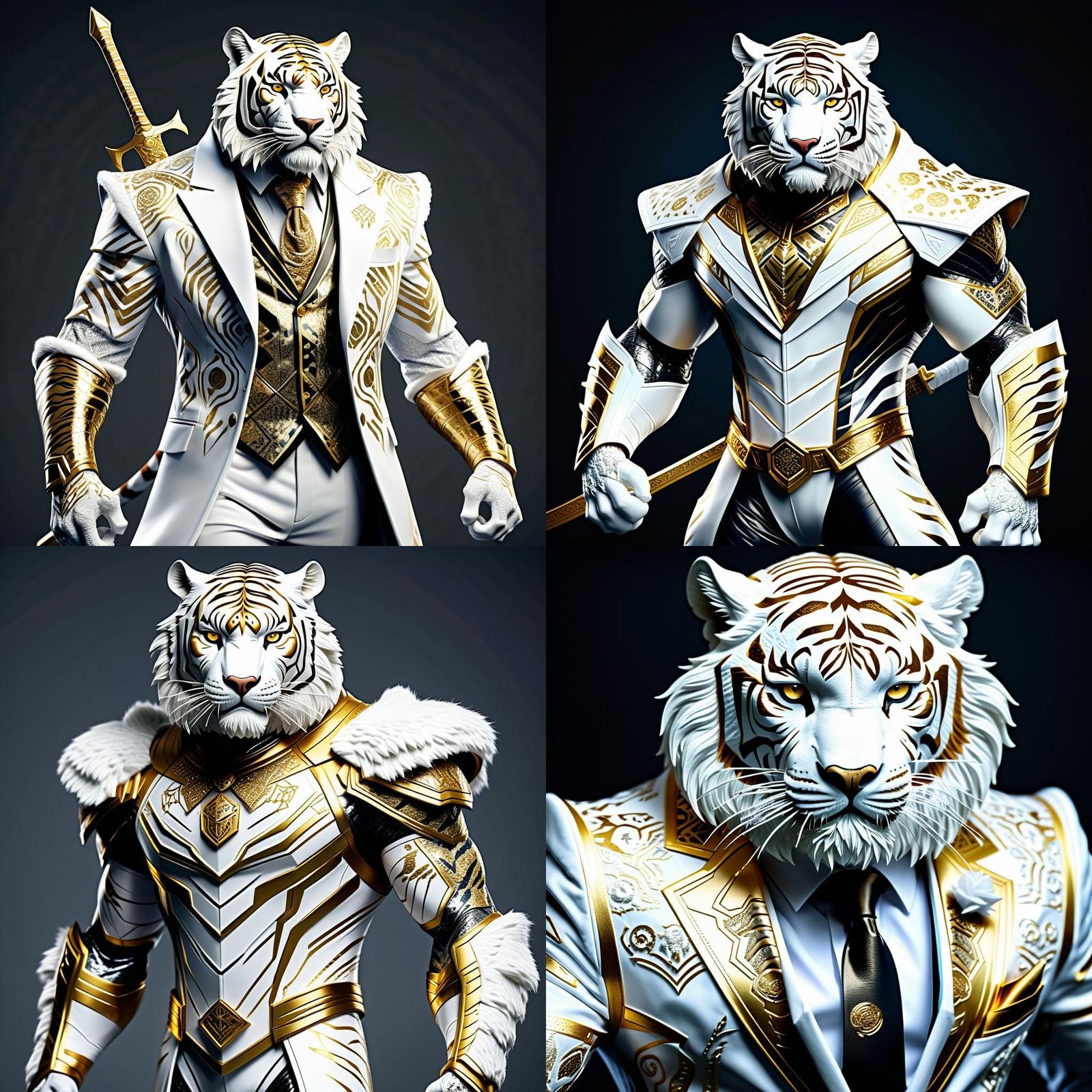 White Tiger Humanoid Warrior in Futuristic Cityscape