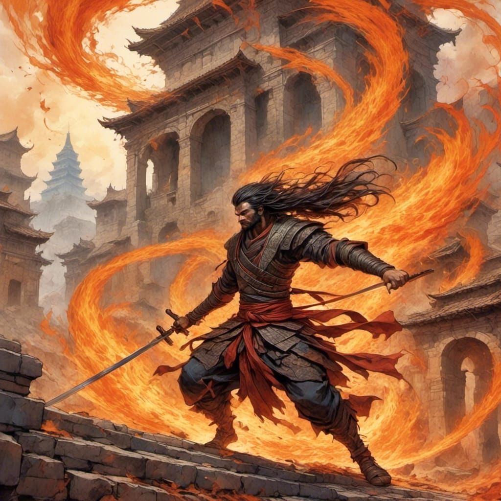 Ninja Battle in Fiery Vortex: Digital Art