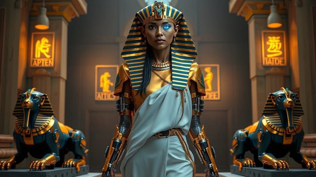 Egyptian Cyborg Queen in Futuristic Throne Room