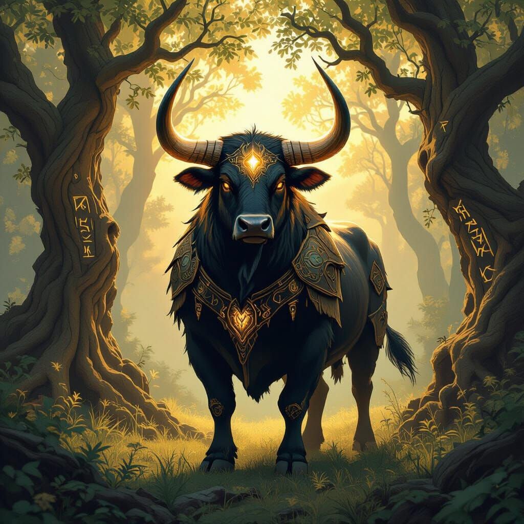 Majestic Bull in Mystical Forest Clearing