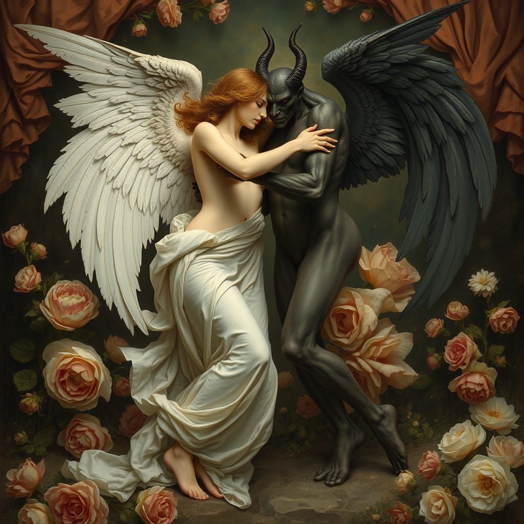 Angel and Demon Dancers in Pre-Raphaelite Style
