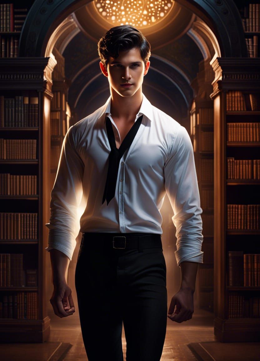 Teen Magician in Library: Dark Fantasy Art