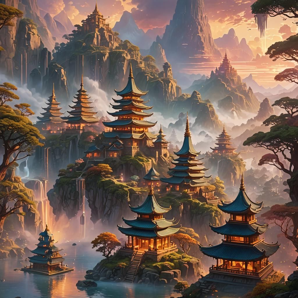 Ethereal Fantasy Landscape with Pagodas and Norse Structures