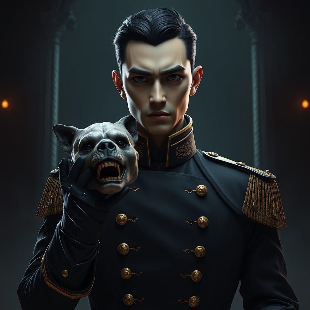 Dark Fantasy God in High-Contrast Uniform