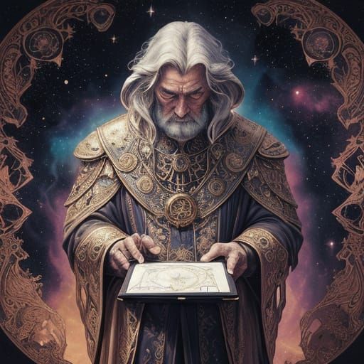 Celestial Steampunk Cartographer Charts Nebula in Dark Fanta...