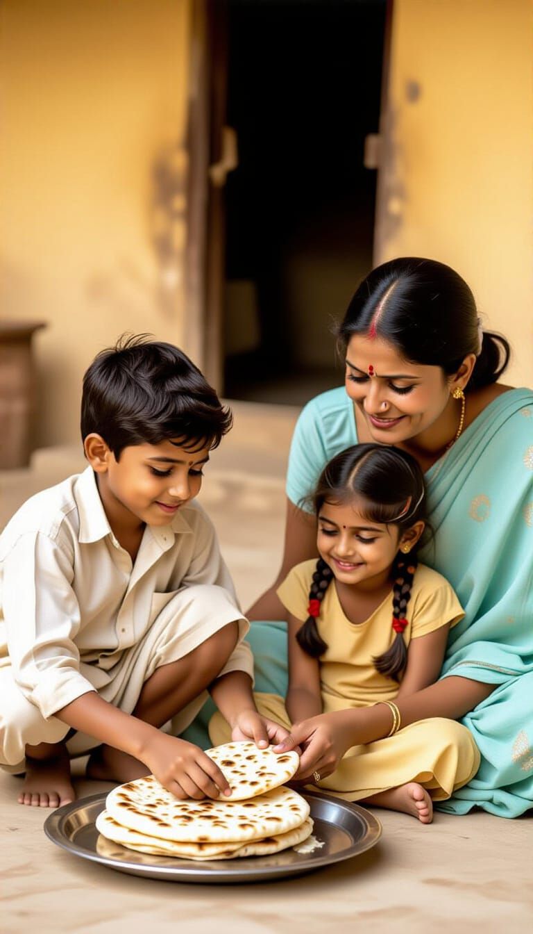 Tender Family Mealtime in Rustic Kitchen, Cinematic Realism