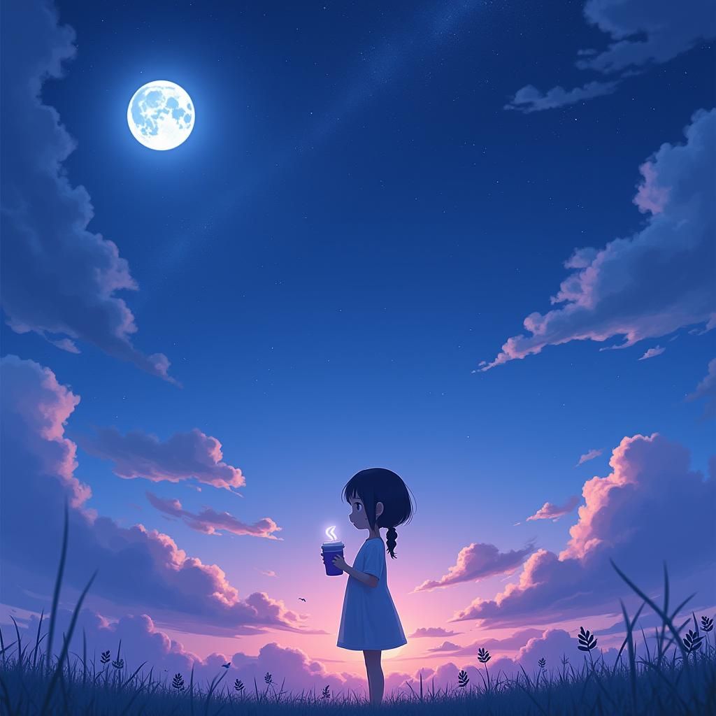 Anime Girl with Sippy Cup Under Dreamy Night Sky