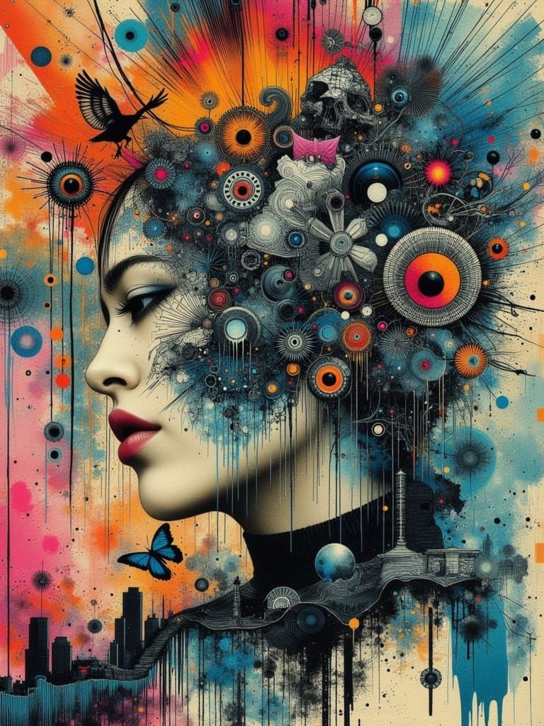 Colorful Abstract Woman with Tattoo Zentangle Details