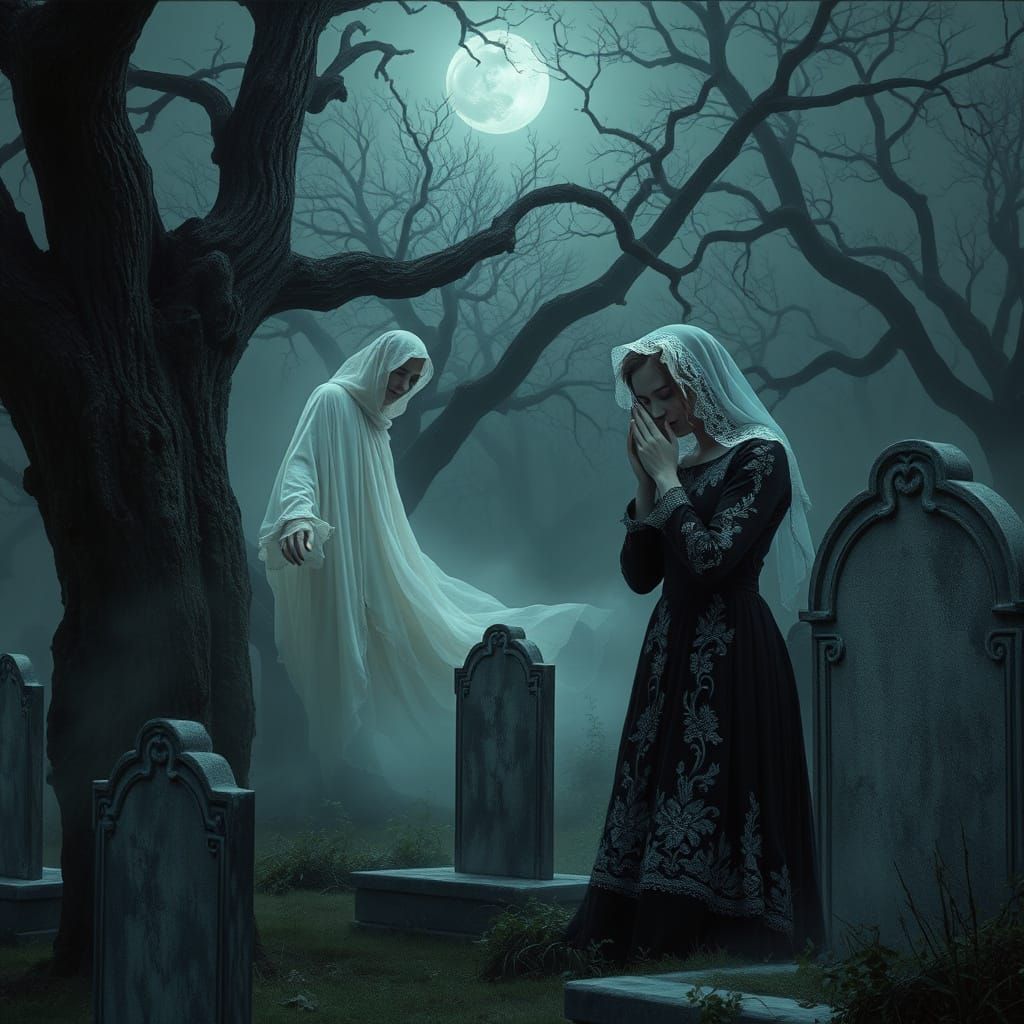 A Ghostly Figure Drifts Through a Haunting Moonlit Cemetery