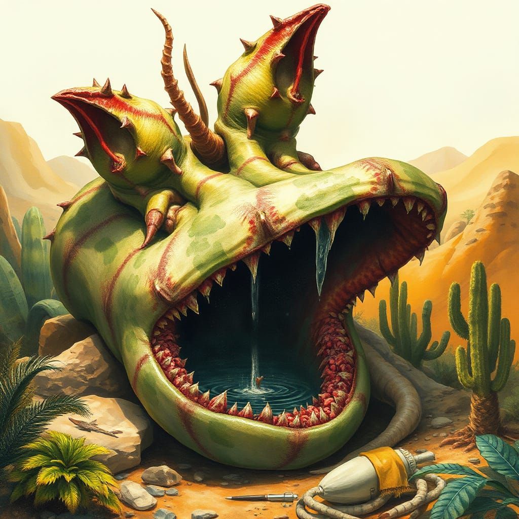 huge carnivorous plant laying ambush in an oasis, the plant'...