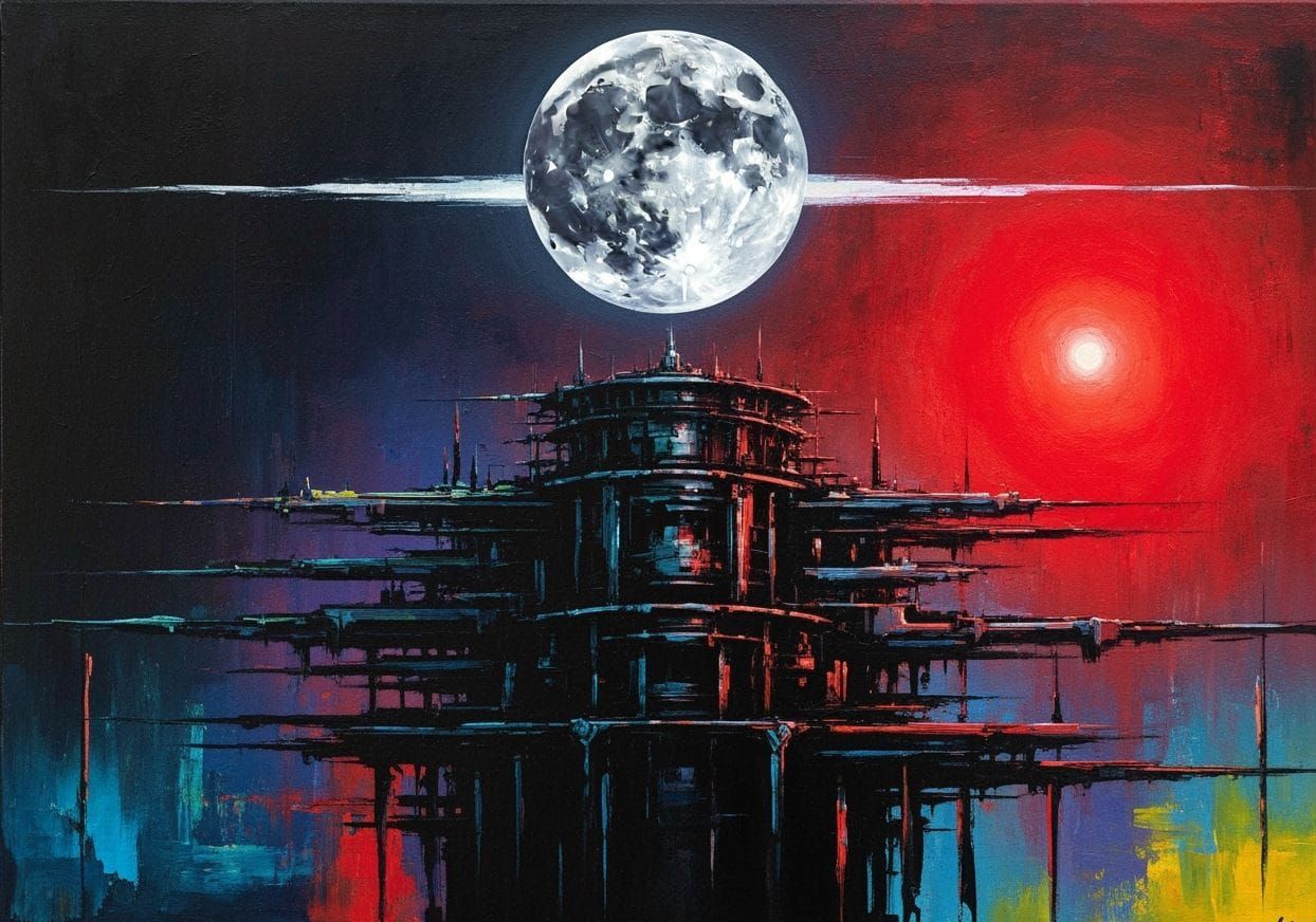 Surreal Moonlit Metallic Structure With Bold Brushstrokes