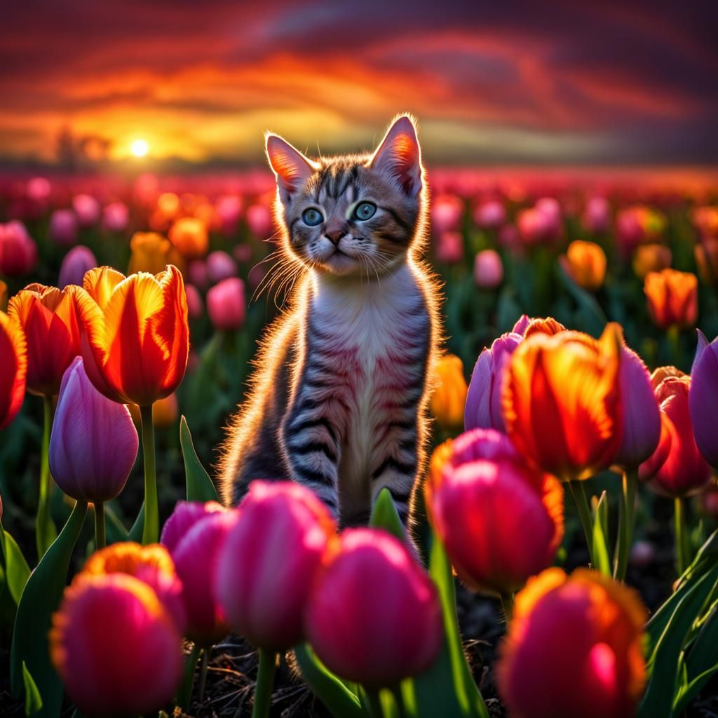 Rainbow Fire Tulips Dance for Kittens: Hyperrealistic Image