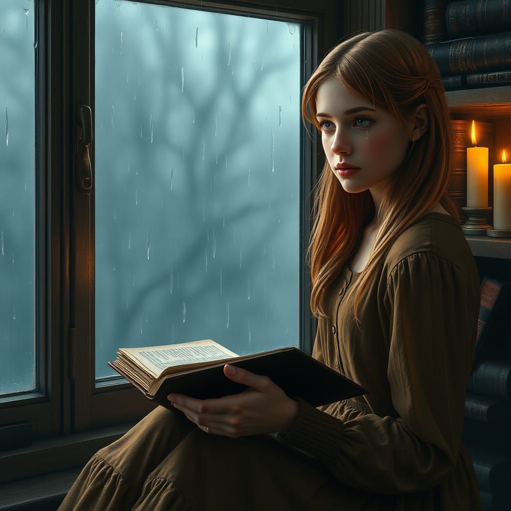 Sorrowful Teenage Girl Surrounded by Golden Light and Leathe...