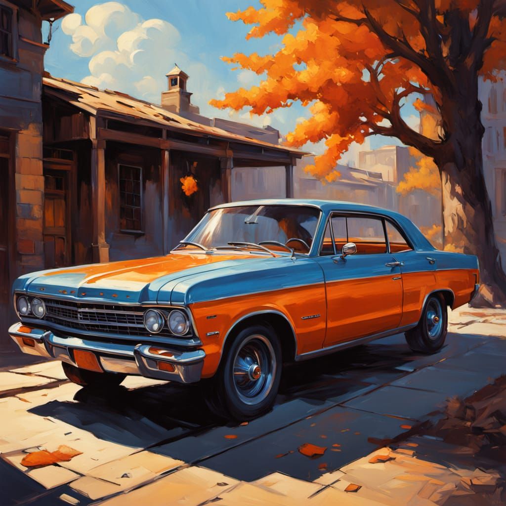 Vintage 1960s Muscle Car on Stage, Impressionistic Oil Paint...