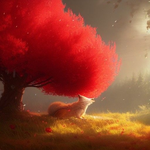 Red Tree with Foxes: Hyperdetailed Concept Art