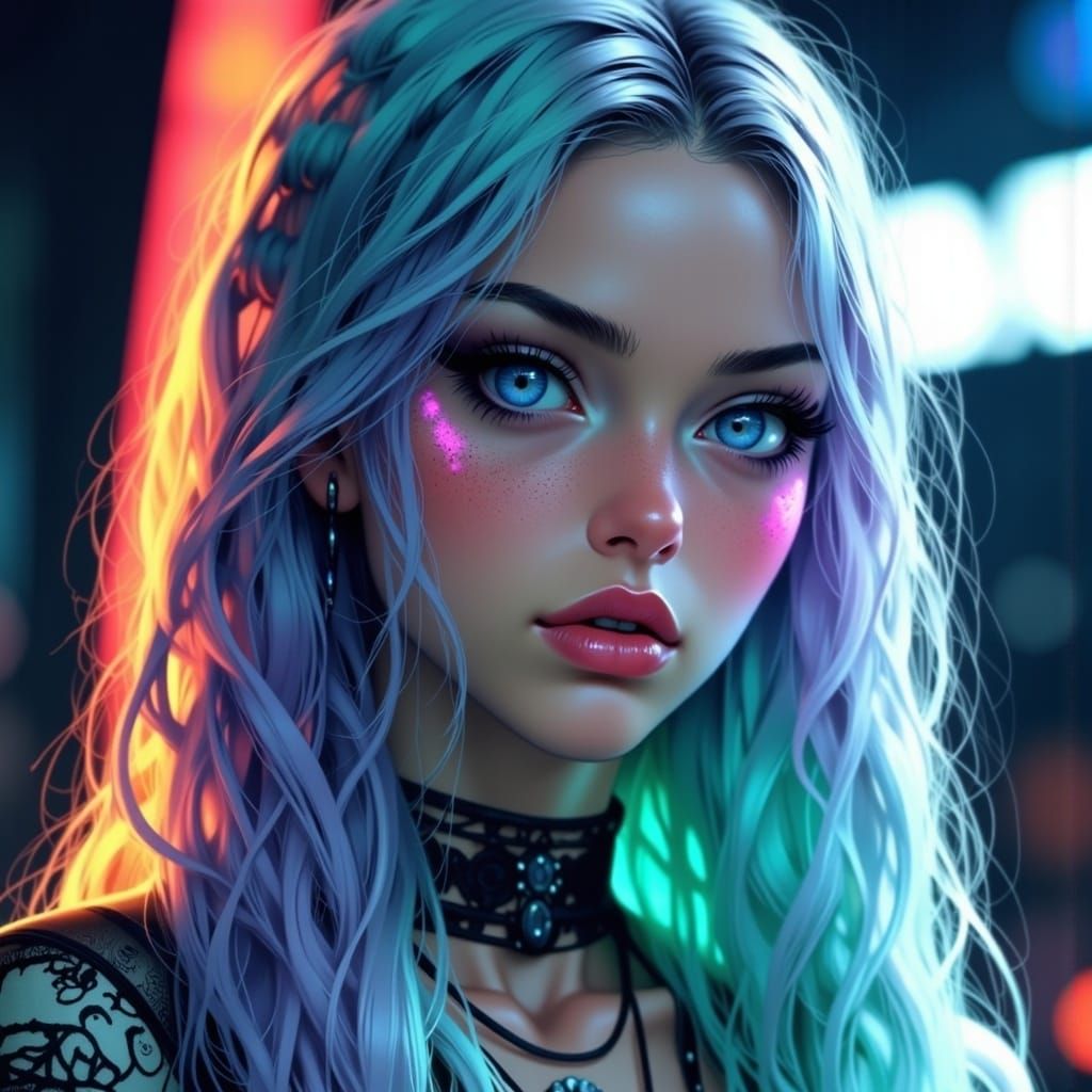 Woman with Shimmering Hair and Neon Makeup