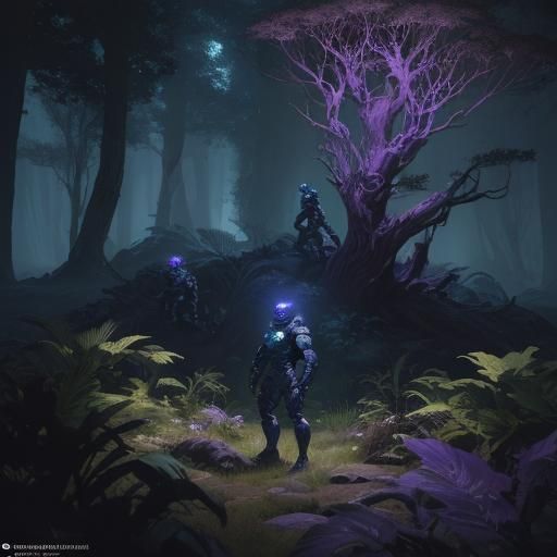 Astronauts Discover Mystical Forest in Dark Fantasy Style