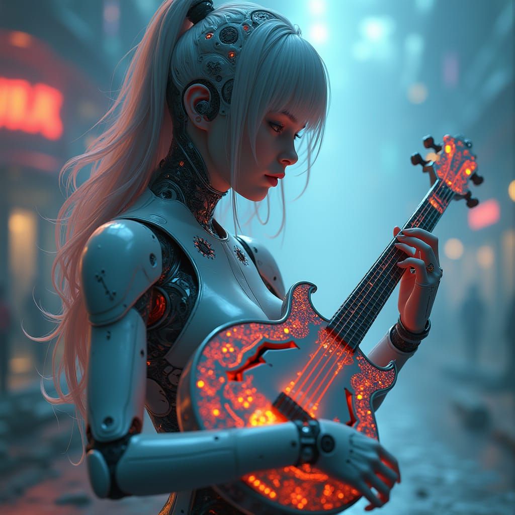 Cyberpunk Android Goddess Plays Futuristic Banjo in Dreamlik...