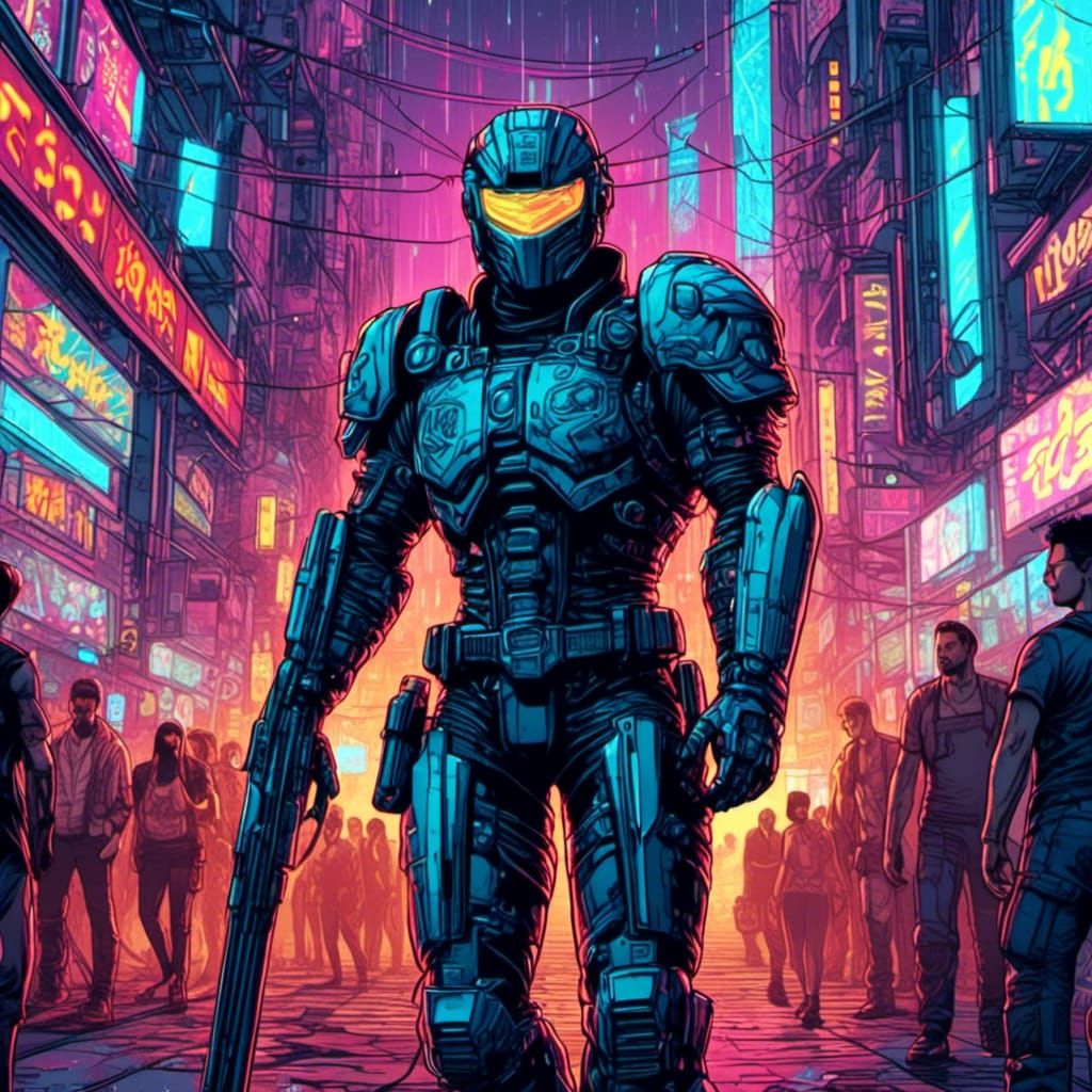 Cyberpunk Knight Walks City Street in Comic Style