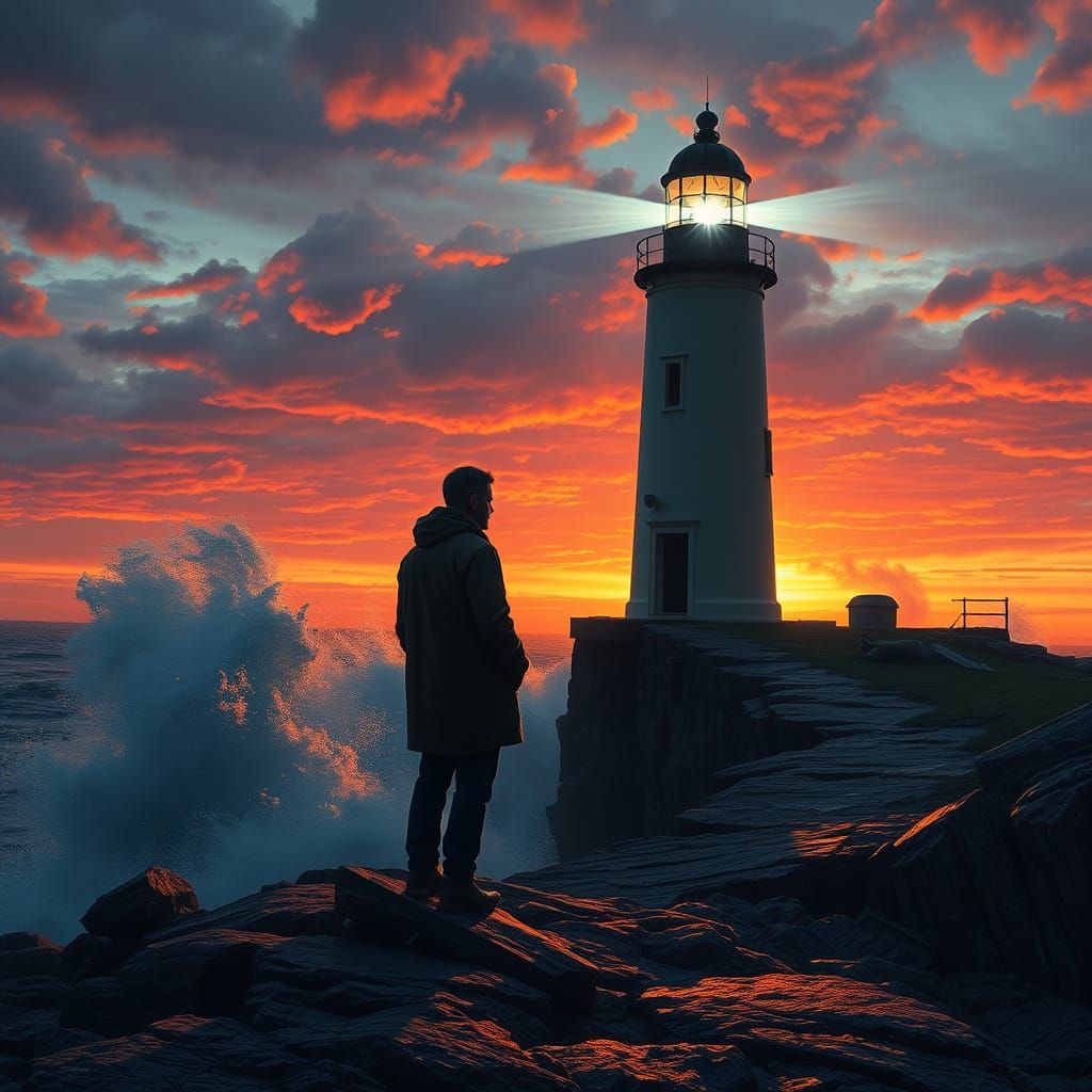 Lighthouse Keeper at Sunset: Hyperrealistic Atmospheric Seas...