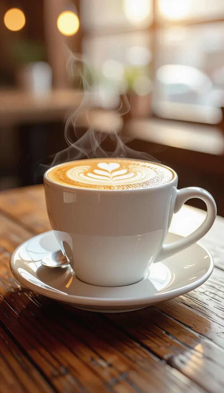 Photorealistic Cappuccino With Heart Latte Art In Morning Li...