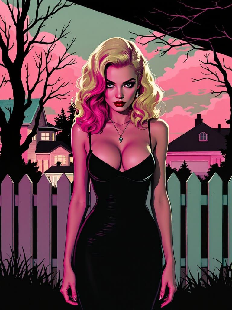 Pin-Up Woman Gazes at Suburban Gothic Dusk Scene