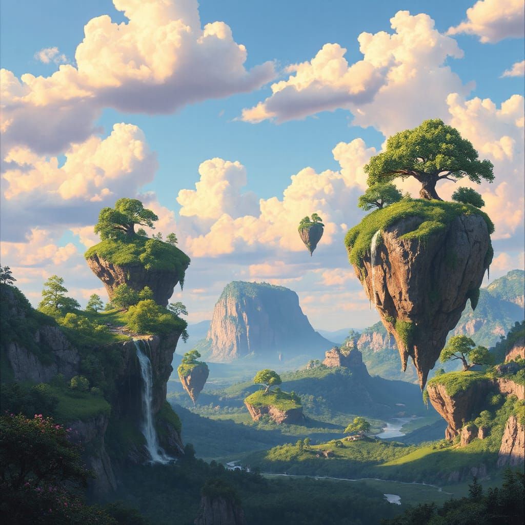 Serene Floating Islands Under Golden Hour Light