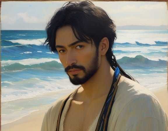 Man Playing on Beach in Luminous Watercolor Style