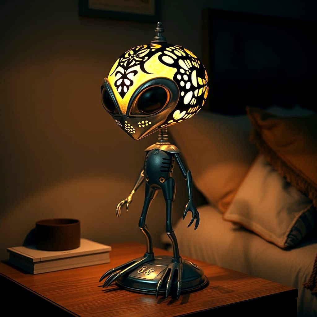 Alien Lamp in Dark Bedroom