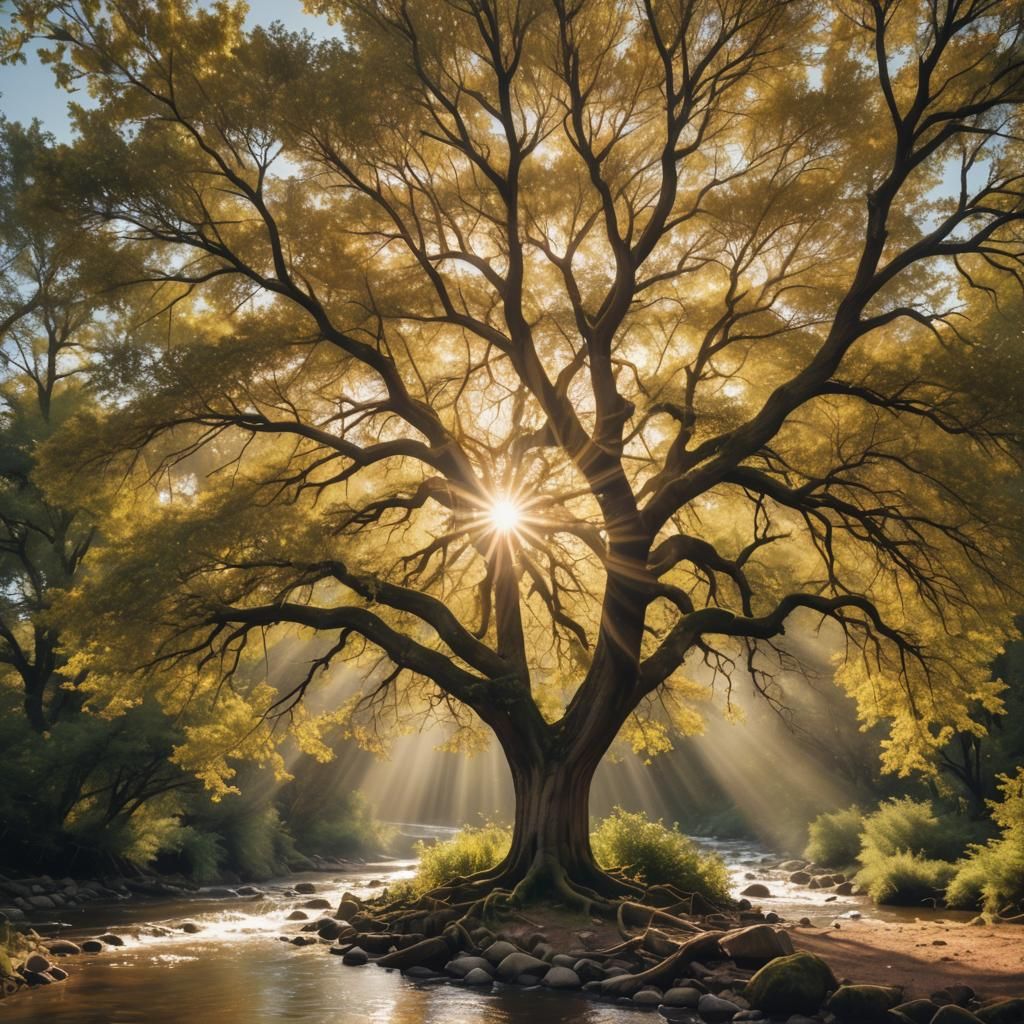 Golden Tree with Sunlight and Stream