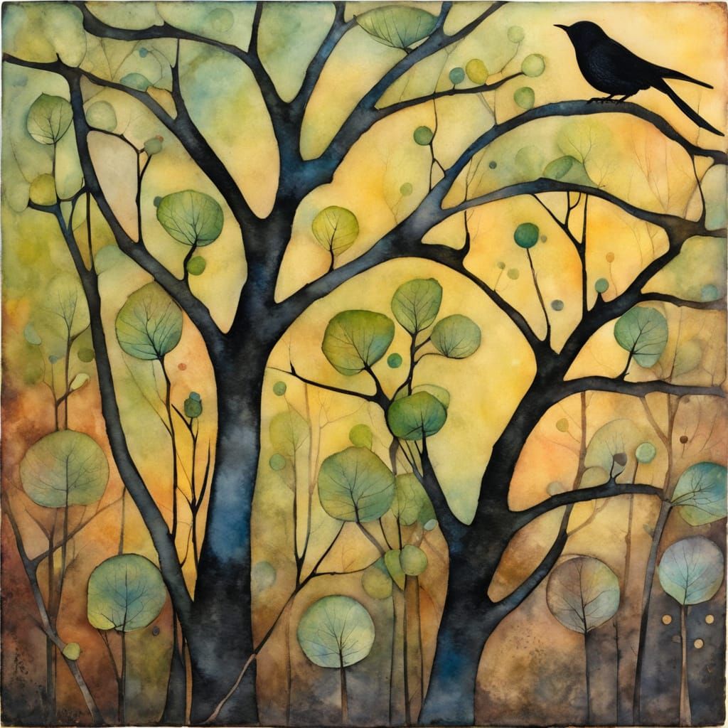 Encaustic Art Deco Tree with Bird Silhouette
