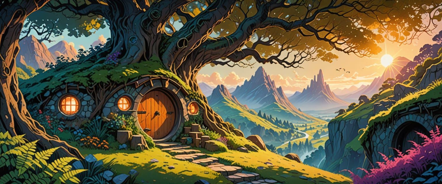 Whimsical Hobbit Hole with Runes Tree in Watercolor