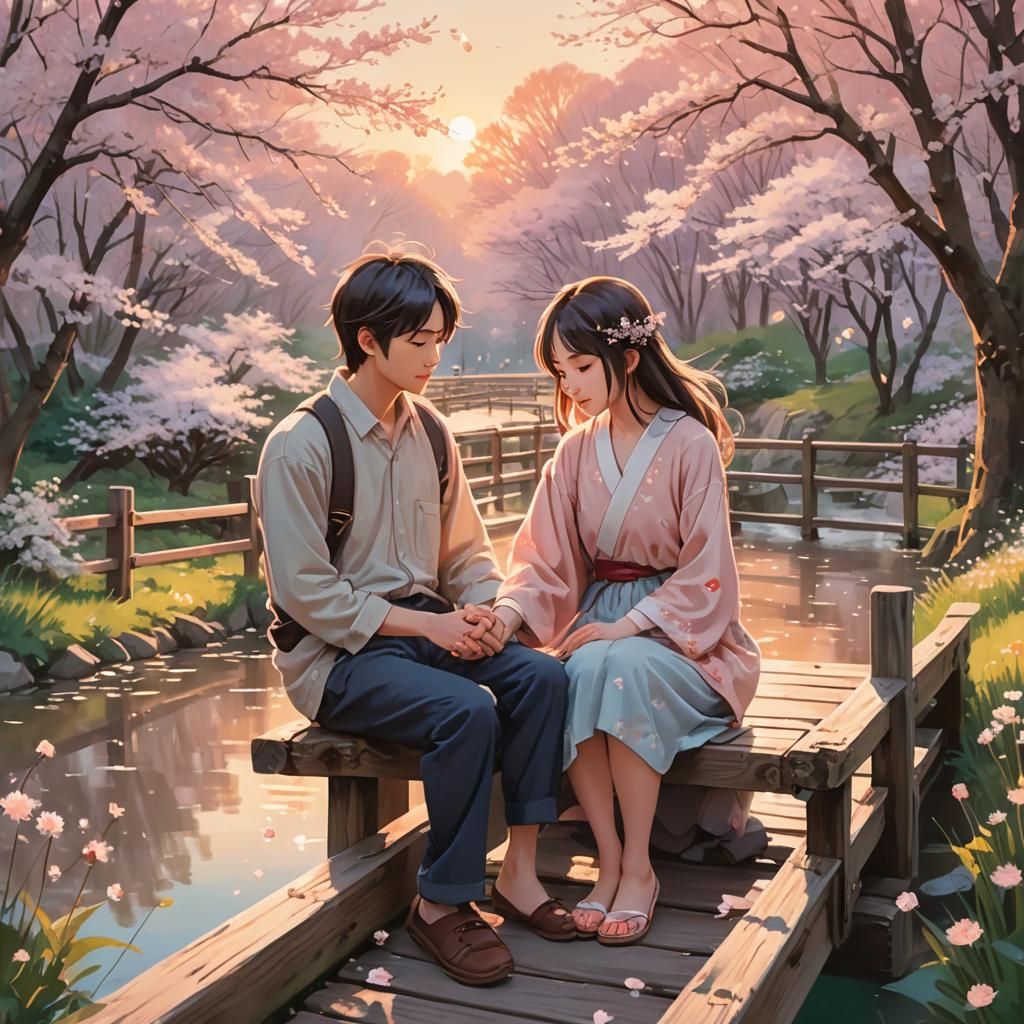Romantic Anime Sunset: Lovers on a Bridge