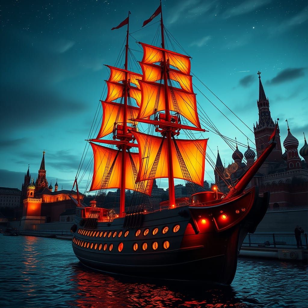 Epic Red Sailing Ship in Moscow Night Scene