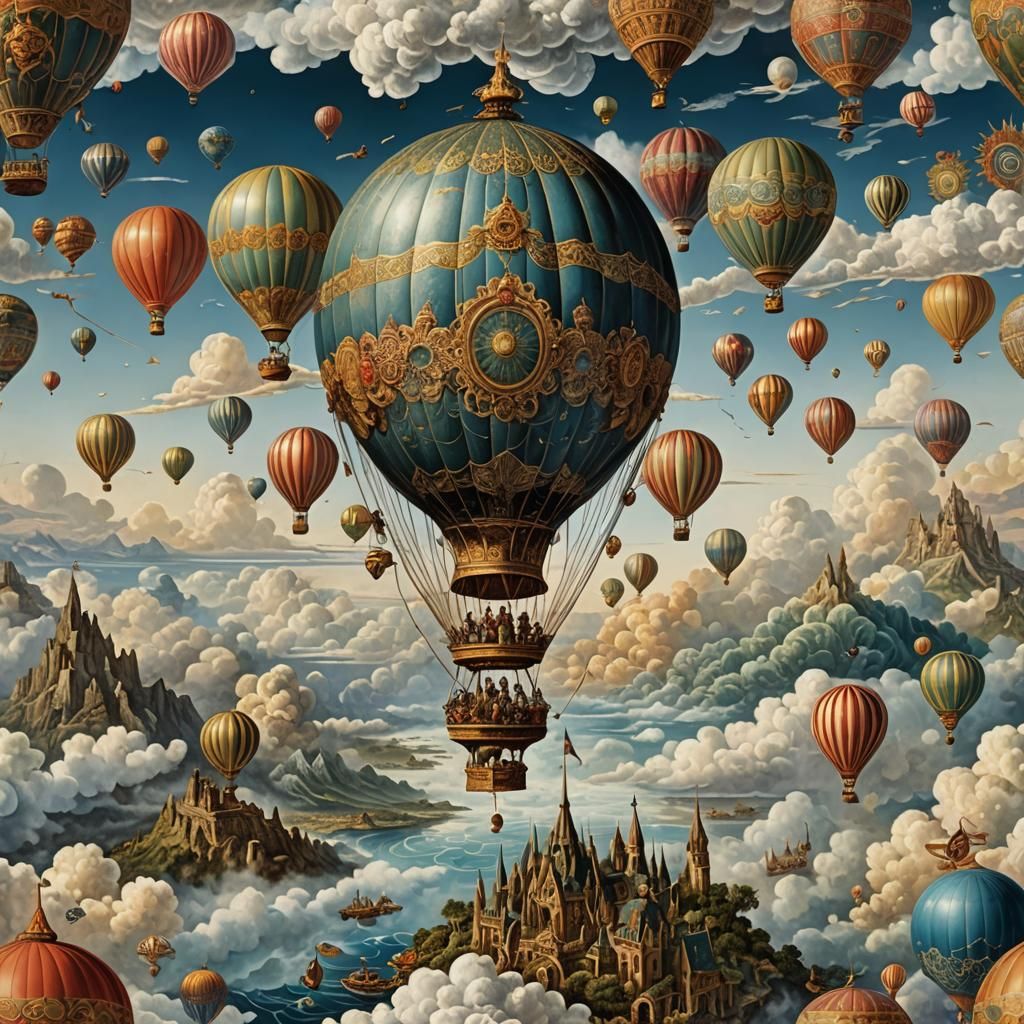 Chromolithograph Hot Air Balloon Over Dreamy Cloudscape