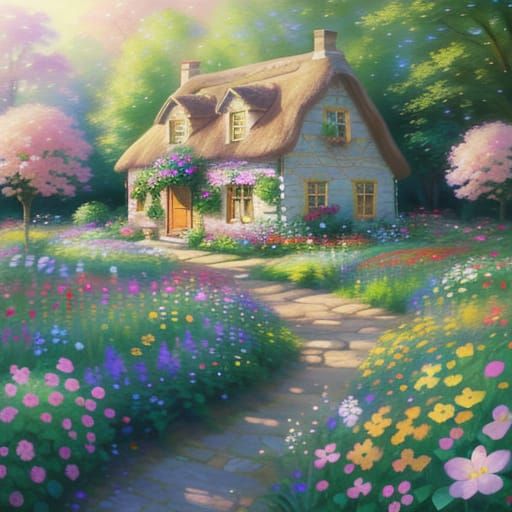 Cozy Cottage in Flower Garden: Impressionistic Digital Art