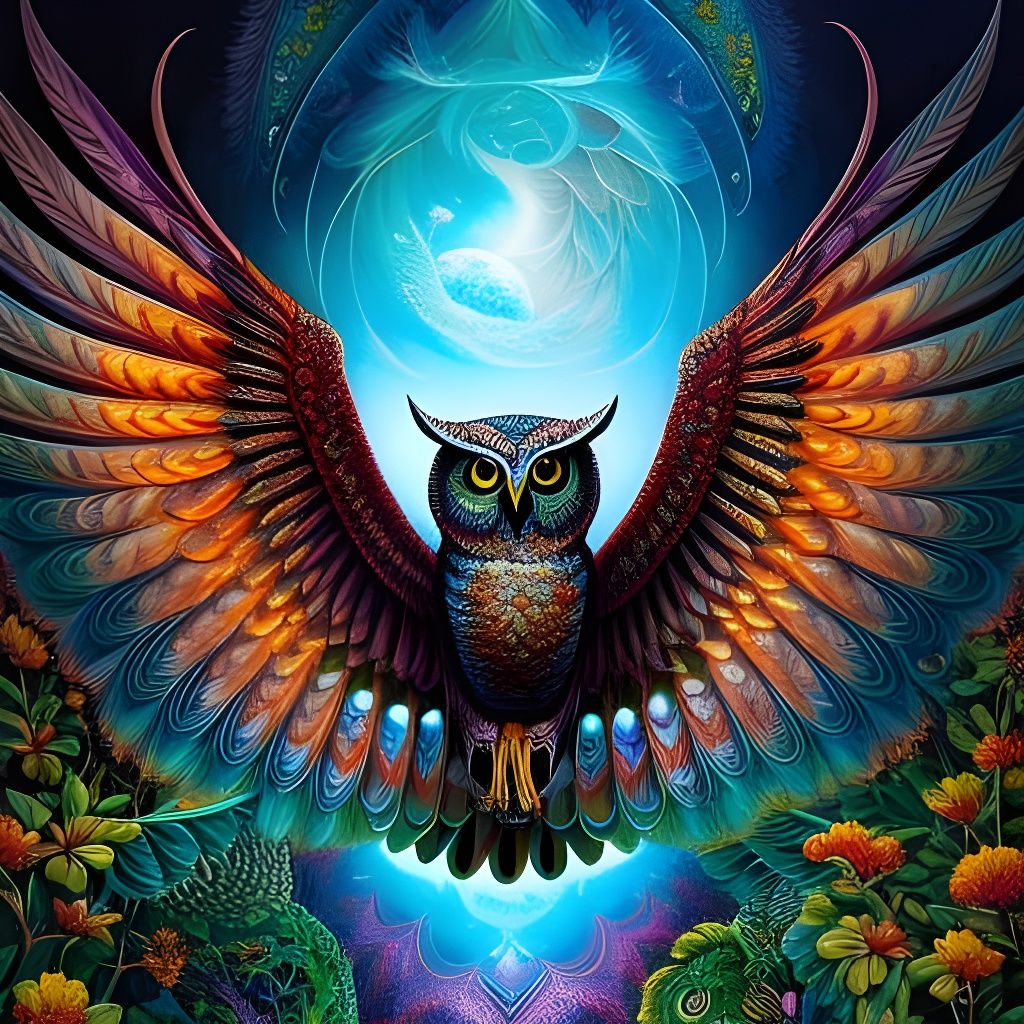 Backlit Owl with Open Wings in Detailed Photoillustration