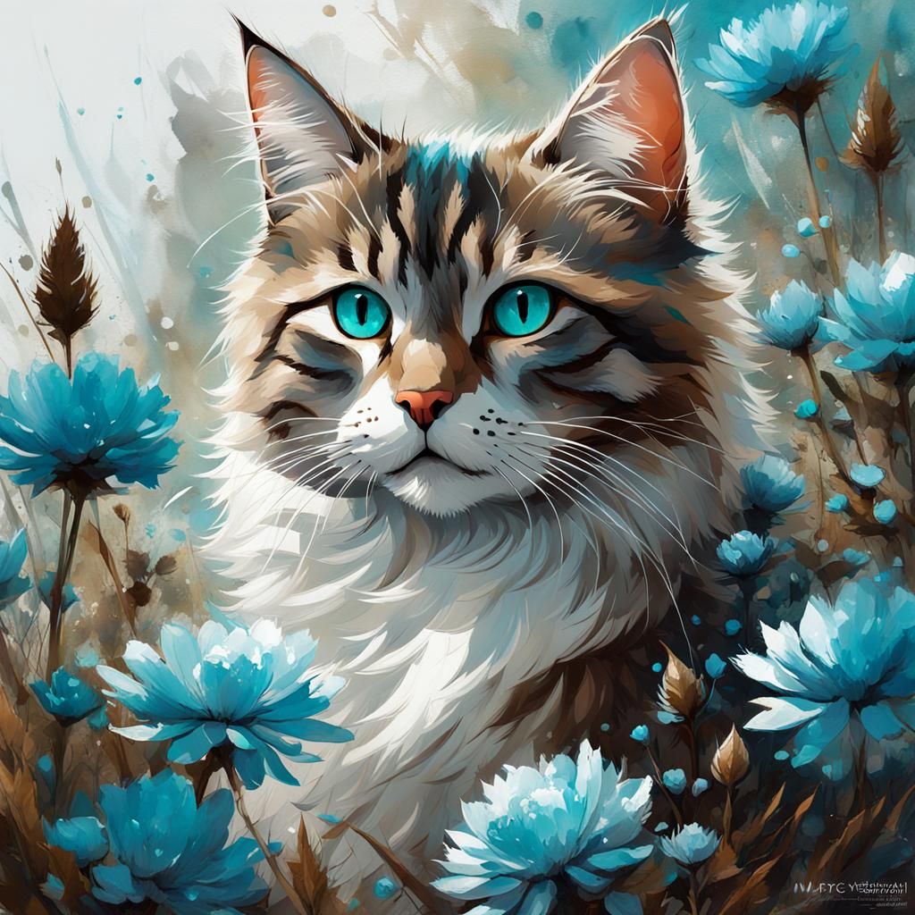 Beautiful Tabby Cat with Flowers Digital Art