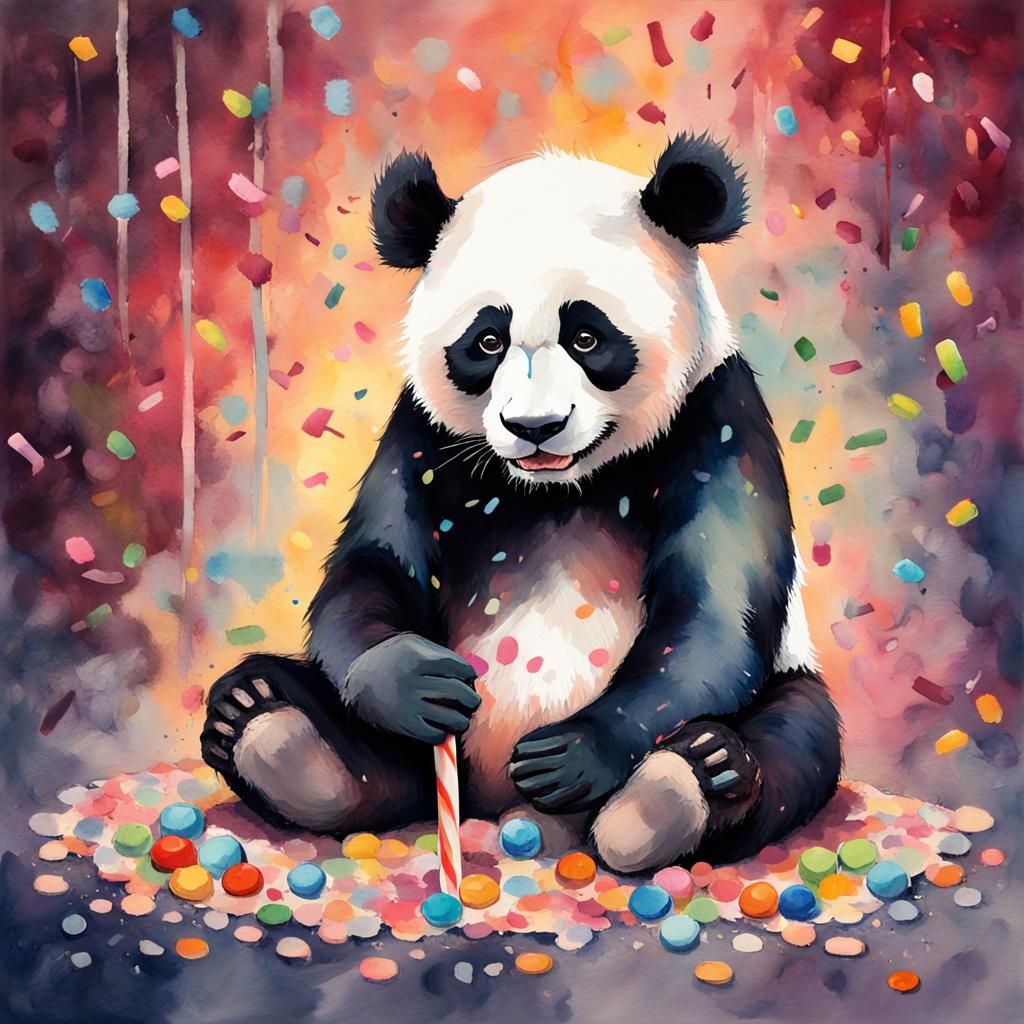 Sad Panda with Lollipop in Gouache Style