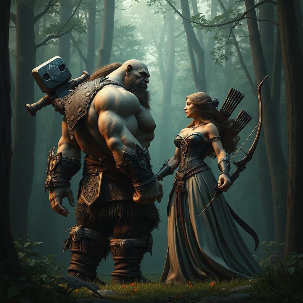 Tall Ogre Couple in Lush Forest, Holding Hands in Intimate M...