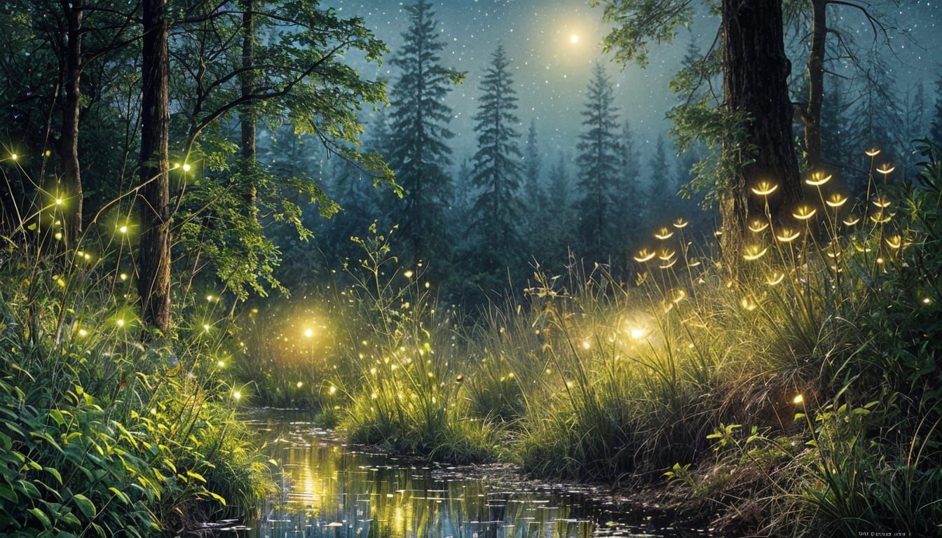 Fireflies Dance in Whimsical Forest Scene