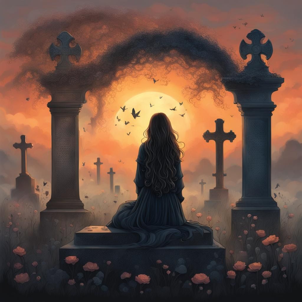 Mourning Woman Silhouette at Sunset Grave