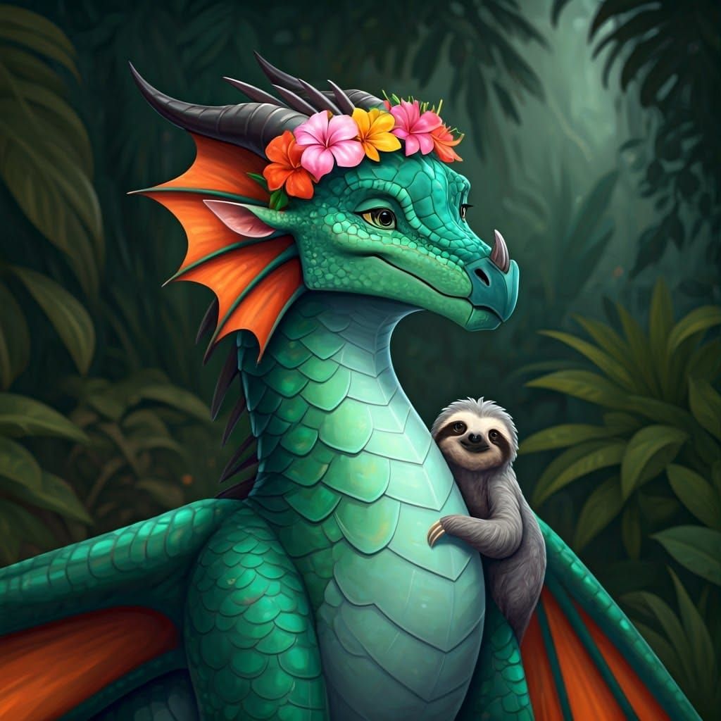 Majestic Green Dragon with Tropical Flower Crown
