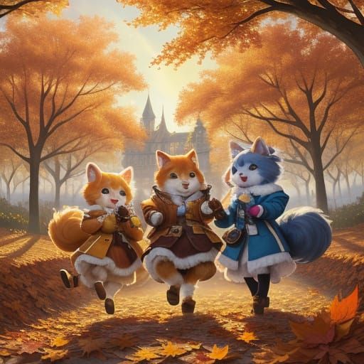 Cute Animals Joyfully Playing in Autumn Park