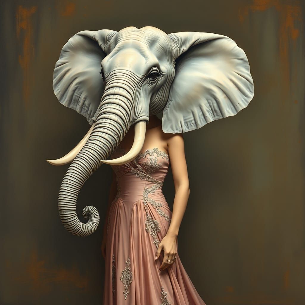 Elegant Woman with Elephant Head in Whimsical Surrealism