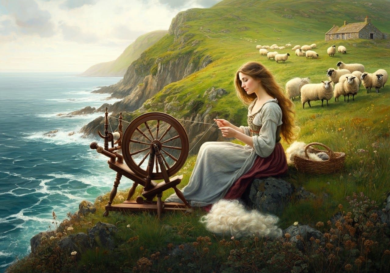 Rustic Coastal Spinner Amidst Grazing Flocks in Whimsical Pa...