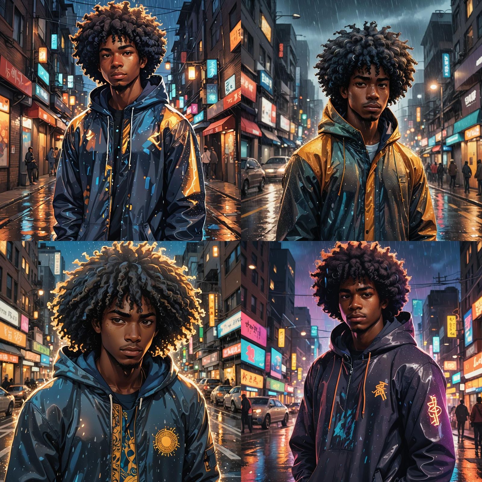 Anime Style Black Man with Afro in Hoodie